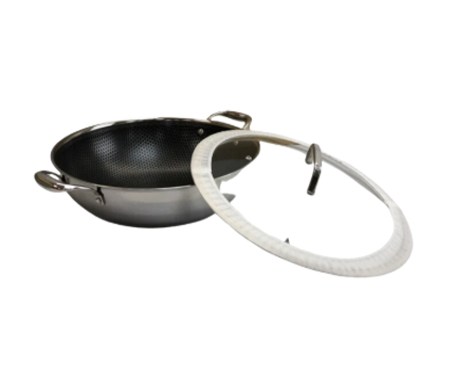LAZER NON STICK STAINLESS STEEL WOK WITH DOUBLE HANDLE AND LID