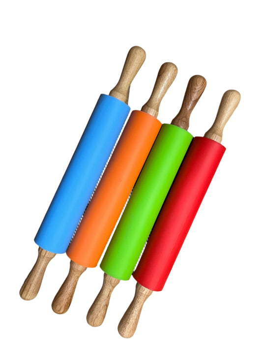 SILICONE ROLLING PIN NON STICK SURFACE WOODEN HANDLE